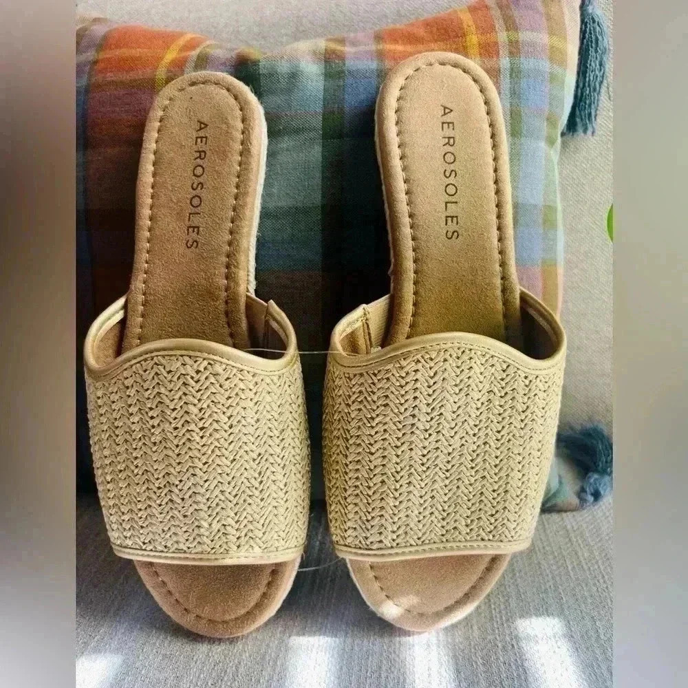 AEROSOLES Womens Beige Rope Wrapped Denville Round Toe Slip On Slide Sandals
